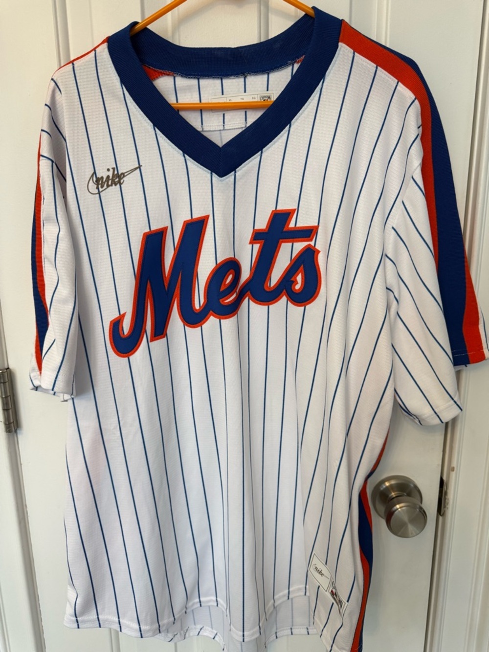 NWT Mets Pinstripe V-Neck Seaver Jersey with Blue & Orange Accents.